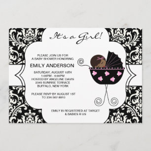 Invitación Elegante Damask Pink Black Baby Shower