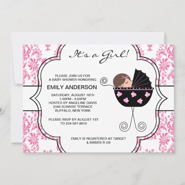 Invitación Elegante Damask Pink Black Baby Shower (Anverso)