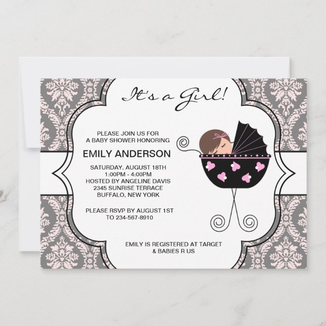 Invitación Elegante Damask Pink Black Baby Shower (Anverso)