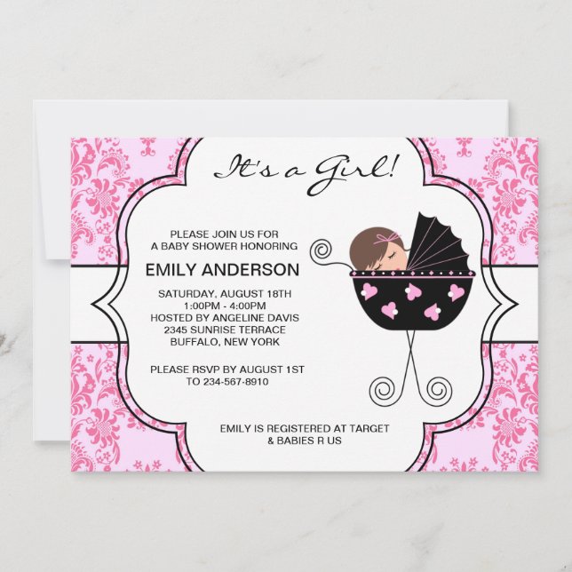 Invitación Elegante Damask Pink Black Baby Shower (Anverso)