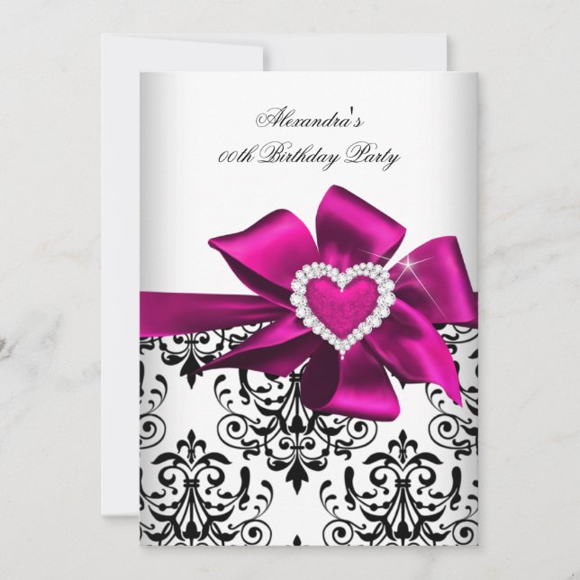 Invitación Elegante Damask Pink Heart Jewel Cumpleaños (Anverso)