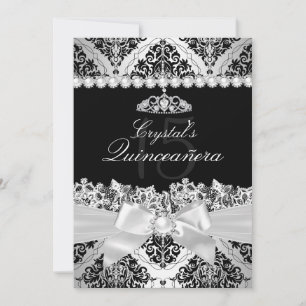 Invitación Elegante Damask plateado y Bow Quinceanera Invitad