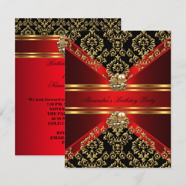 Invitación Elegante Damask Regal Red Gold Black Birday (Anverso / Reverso)