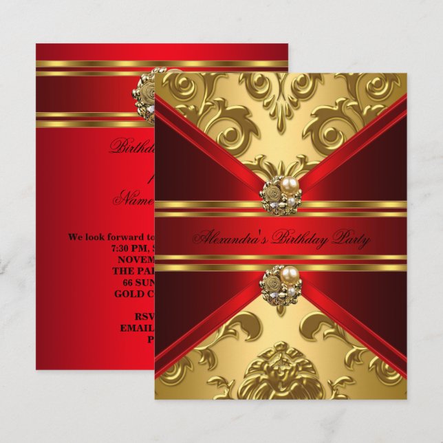 Invitación Elegante Damask Regal Red Gold Floral Cumpleaños (Anverso / Reverso)
