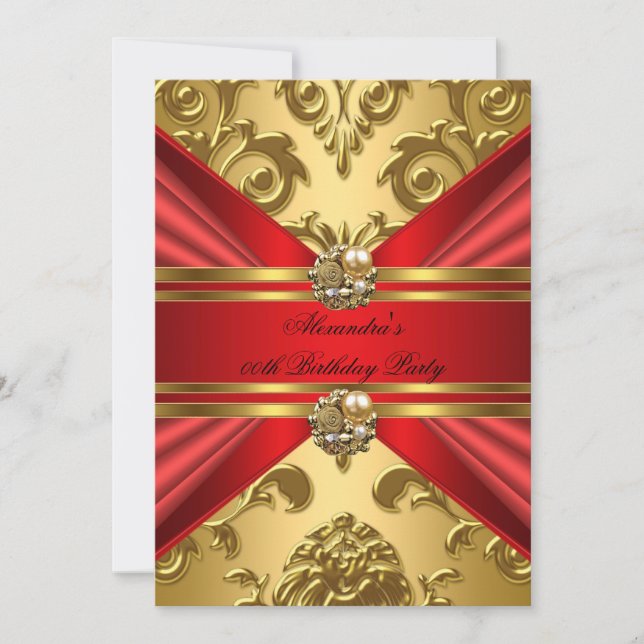 Invitación Elegante Damask Regal Red Gold Floral Cumpleaños 2 (Anverso)