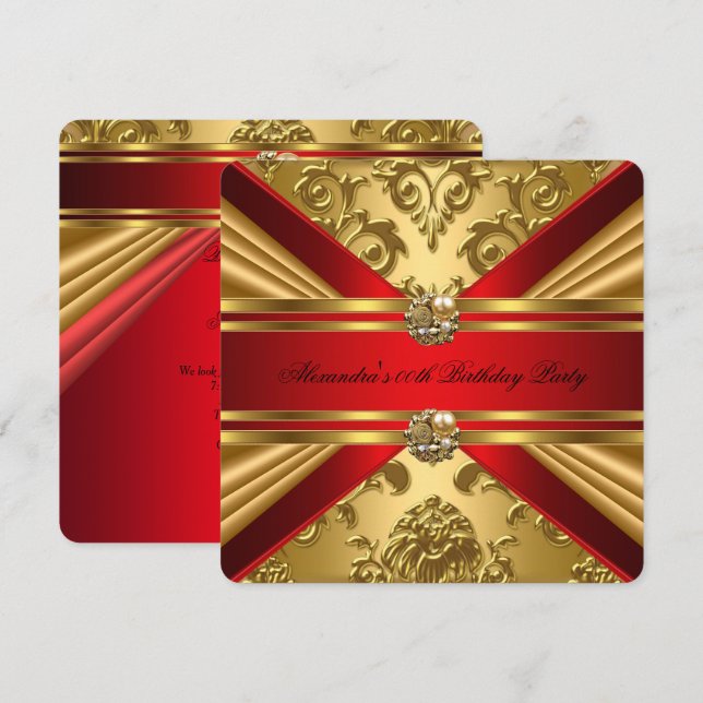 Invitación Elegante Damask Regal Red Gold Floral Cumpleaños 5 (Anverso / Reverso)