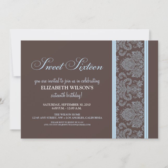 Invitación Elegante Damask Sweet 16 Cumpleaños Invite (azul) (Anverso)