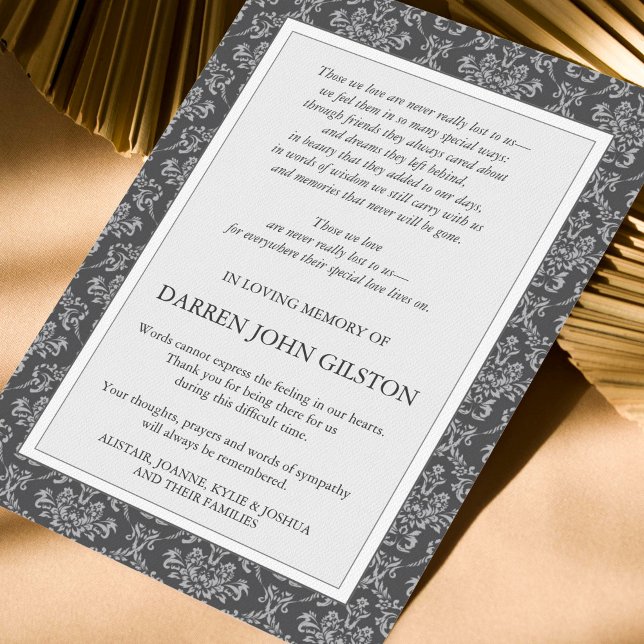 Invitación Elegante Damask Sympathy Funeral Gracias Cartas (Elegant Sympathy Bereavement Memorial Funeral Thank You Card)