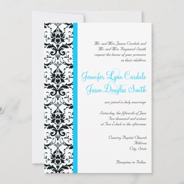 Invitación Elegante Damask Verde azulada banda azul de casami (Anverso)