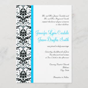 Invitación Elegante Damask Verde azulada banda azul de casami