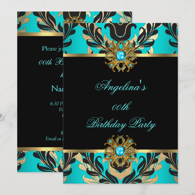 Invitación Elegante Damask Verde azulado Blue Gold Black Bird (Anverso / Reverso)