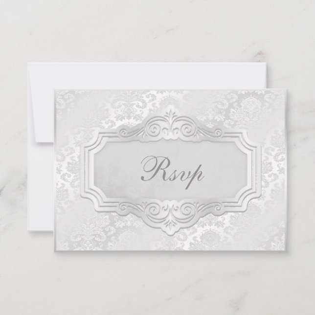 Invitación Elegante Damasko de Plata para RSVP de Boda (Anverso)