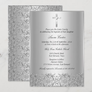 Invitación Elegante Damero de Plata y Bautizo/Cristiano Cruz