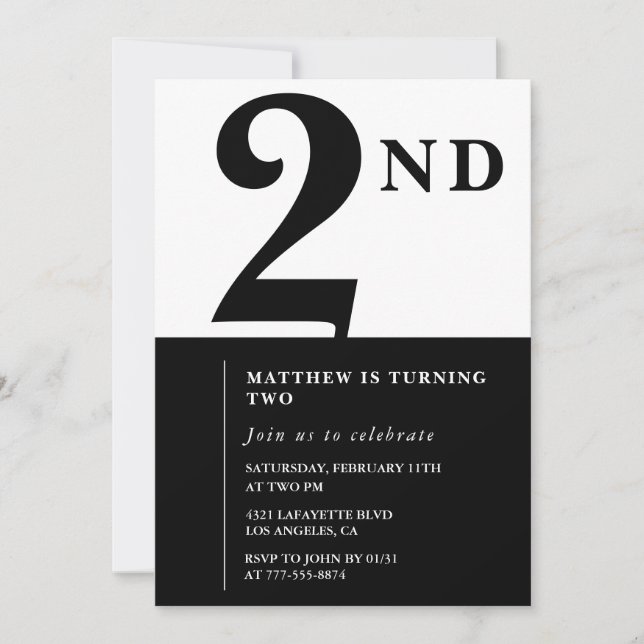 Invitación elegante de 2do cumpleaños Black Chic M (Anverso)