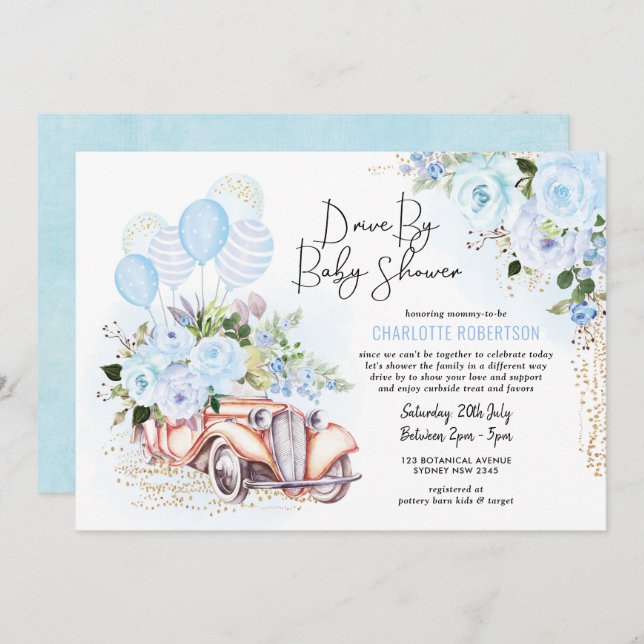 Invitación Elegante De Baby Shower Blue Gold Floral Boy (Anverso / Reverso)