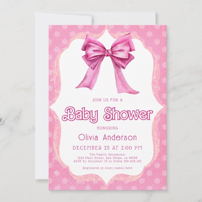 Invitación elegante de Baby Shower Bow rosa (Anverso)