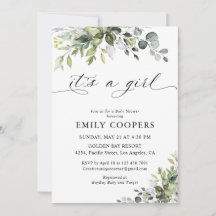 Invitación elegante de baby shower de eucalipto