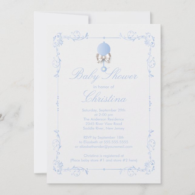 Invitación elegante de Baby Shower del muchacho (Anverso)