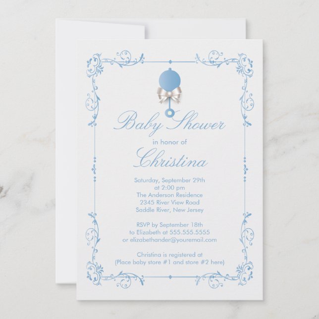Invitación elegante de Baby Shower del muchacho (Anverso)