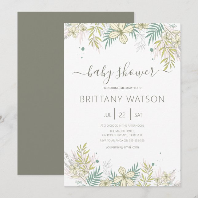 Invitación elegante de baby shower floral (Anverso / Reverso)