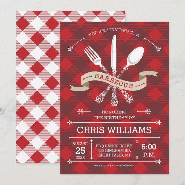 Invitación elegante de barbacoa en Gingham (Anverso / Reverso)