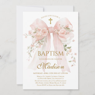 Invitación elegante de bautizo con lazo floral ros