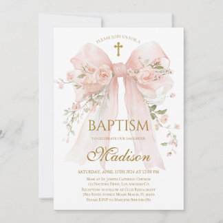 Invitación elegante de bautizo con lazo floral ros