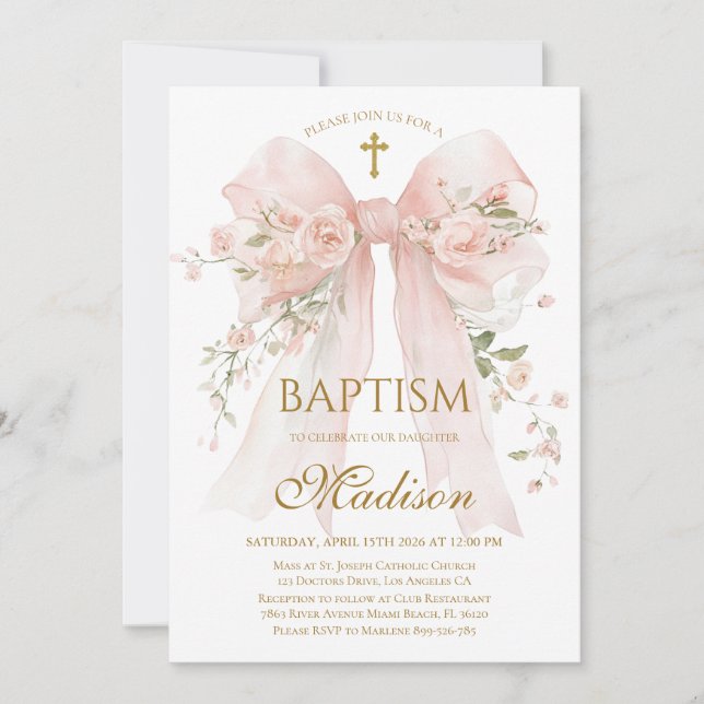 Invitación elegante de bautizo con lazo floral ros (Anverso)