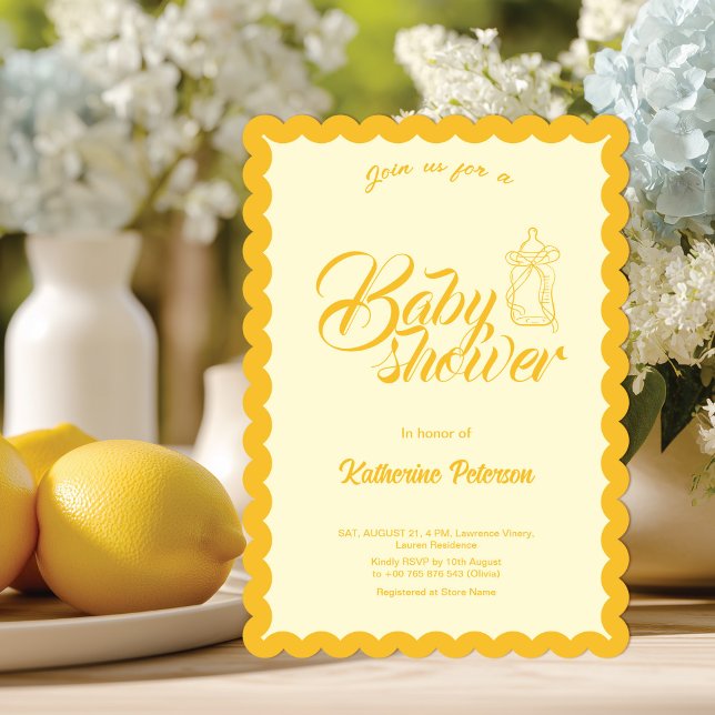 Invitación elegante de bebé amarillo con borde ond (Subido por el creador)