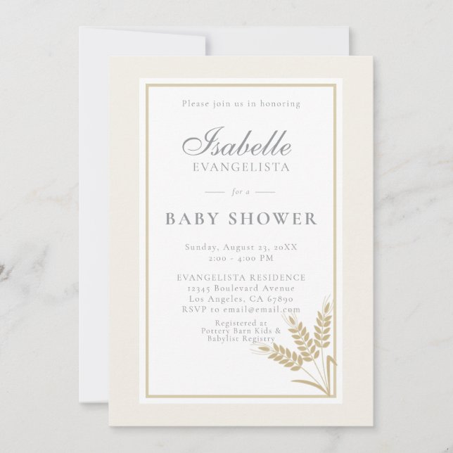 Invitación elegante de bebé de lino cálido de trig (Anverso)