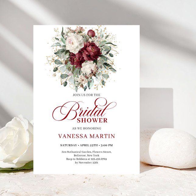 Invitación elegante de boda con flores de borgoña  (Elegant Burgundy Floral Gold Bridal Shower Invite

)
