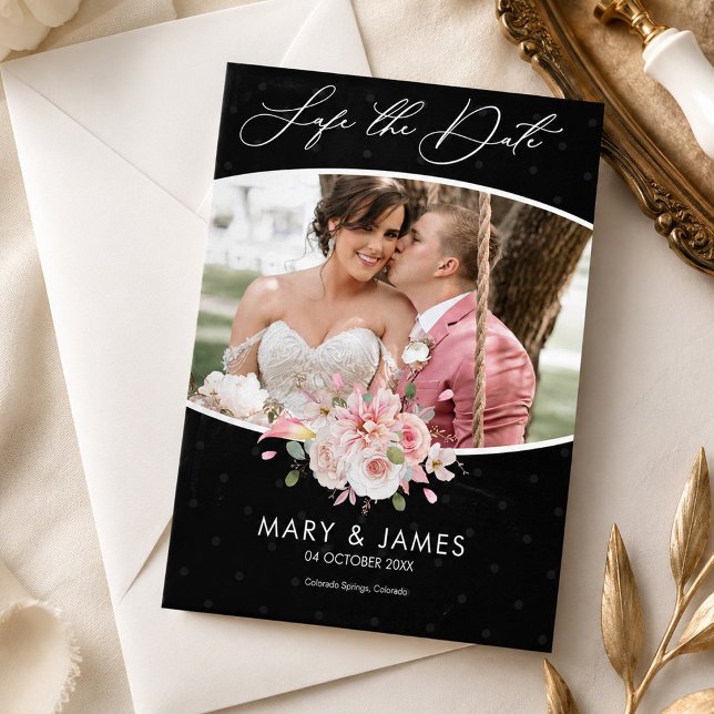 Invitación elegante de boda con flores negras para (Elegant Black Floral Save the Date Wedding Invite, Wedding Announcement, Photo Save the Date)