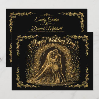 Invitación elegante de boda feliz en negro y dorad