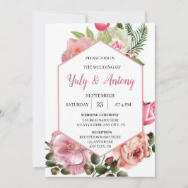Invitación elegante de boda floral rosa con blanco