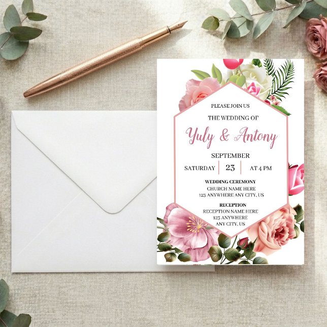 Invitación elegante de boda floral rosa con blanco (Elegant Pink Floral & Hexagon Wedding Invitation. Modern, romantic and fully customizable.)