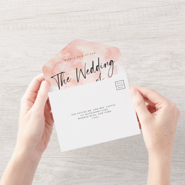 Invitación elegante de boda rosa sonrosado todo en (Apertura)