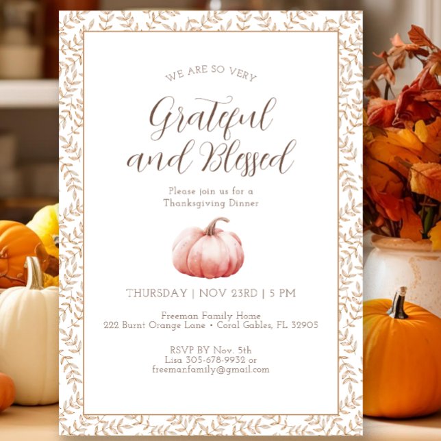 Invitación elegante de calabaza con acuarela para  (Fall Watercolor Thanksgiving Invitation)