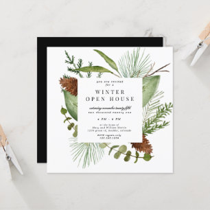 Invitación elegante de casa abierta con vegetación