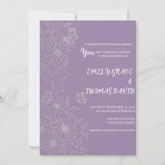 Invitación elegante de clemátide púrpura y maripos