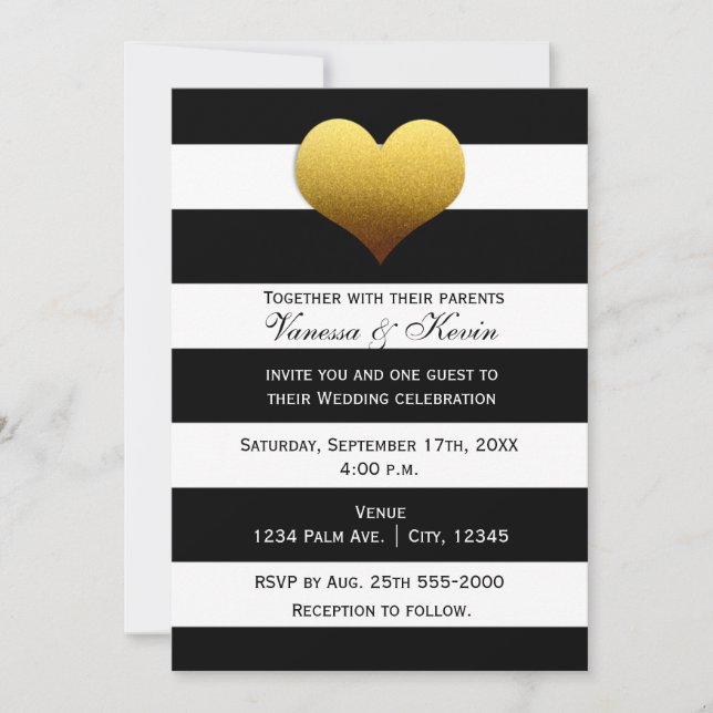 Invitación elegante de corazón dorado con rayas bl (Anverso)