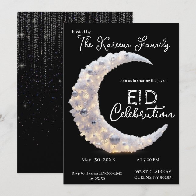 Invitación elegante de Crescent Eid Party en blanc (Anverso / Reverso)