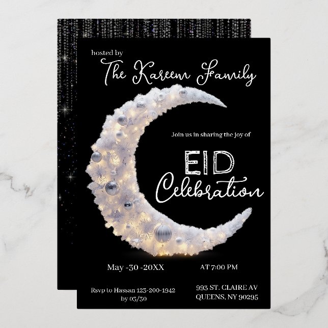 Invitación elegante de Crescent Eid Party en blanc (Anverso/Reverso)