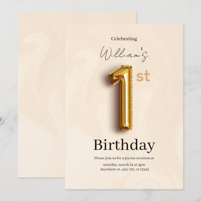 Invitación elegante de cumpleaños 1º en oro, Minim (Anverso / Reverso)