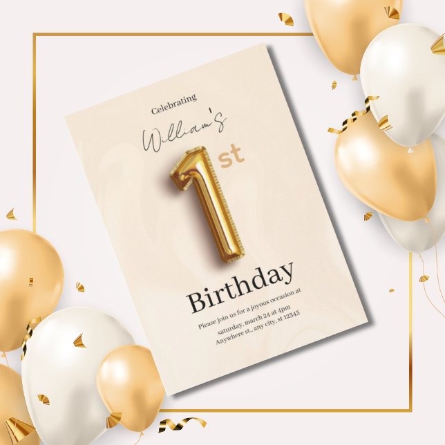 Invitación elegante de cumpleaños 1º en oro, Minim (Subido por el creador)