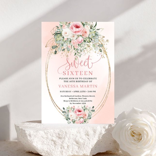 Invitación Elegante de Cumpleaños 16 con Flores Ro (Elegant Blush and Gold Floral Sweet Sixteen Invite)
