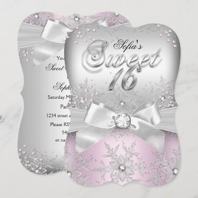 Invitación elegante de cumpleaños 16 con lazo de p (Anverso / Reverso)