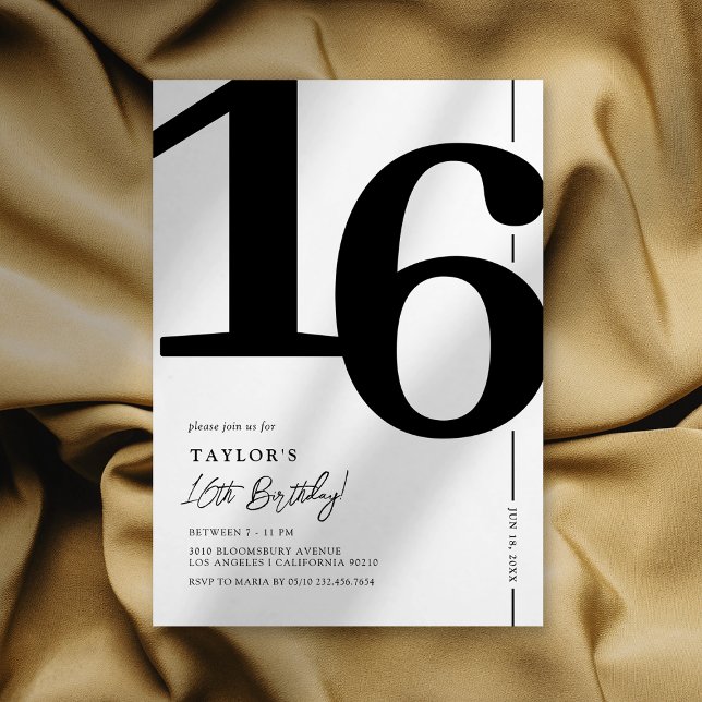 Invitación elegante de cumpleaños 16 negro y blanc (Subido por el creador)