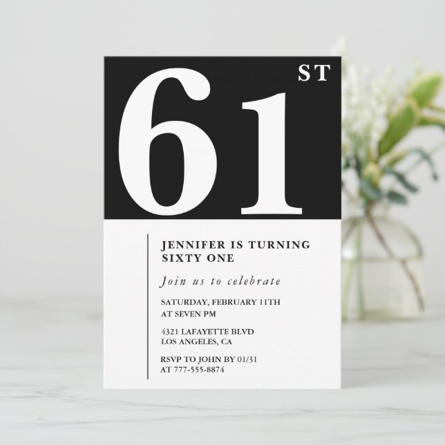 Invitación elegante de cumpleaños 61 para mujer Ch (Anverso de pie)