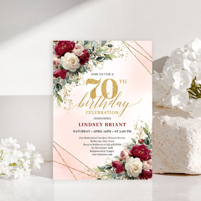 Invitación elegante de cumpleaños 70 con flores do (Elegant Gold Floral 70th Birthday Invitation)