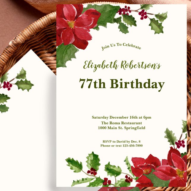 Invitación elegante de cumpleaños 77 con flores y  (Subido por el creador)